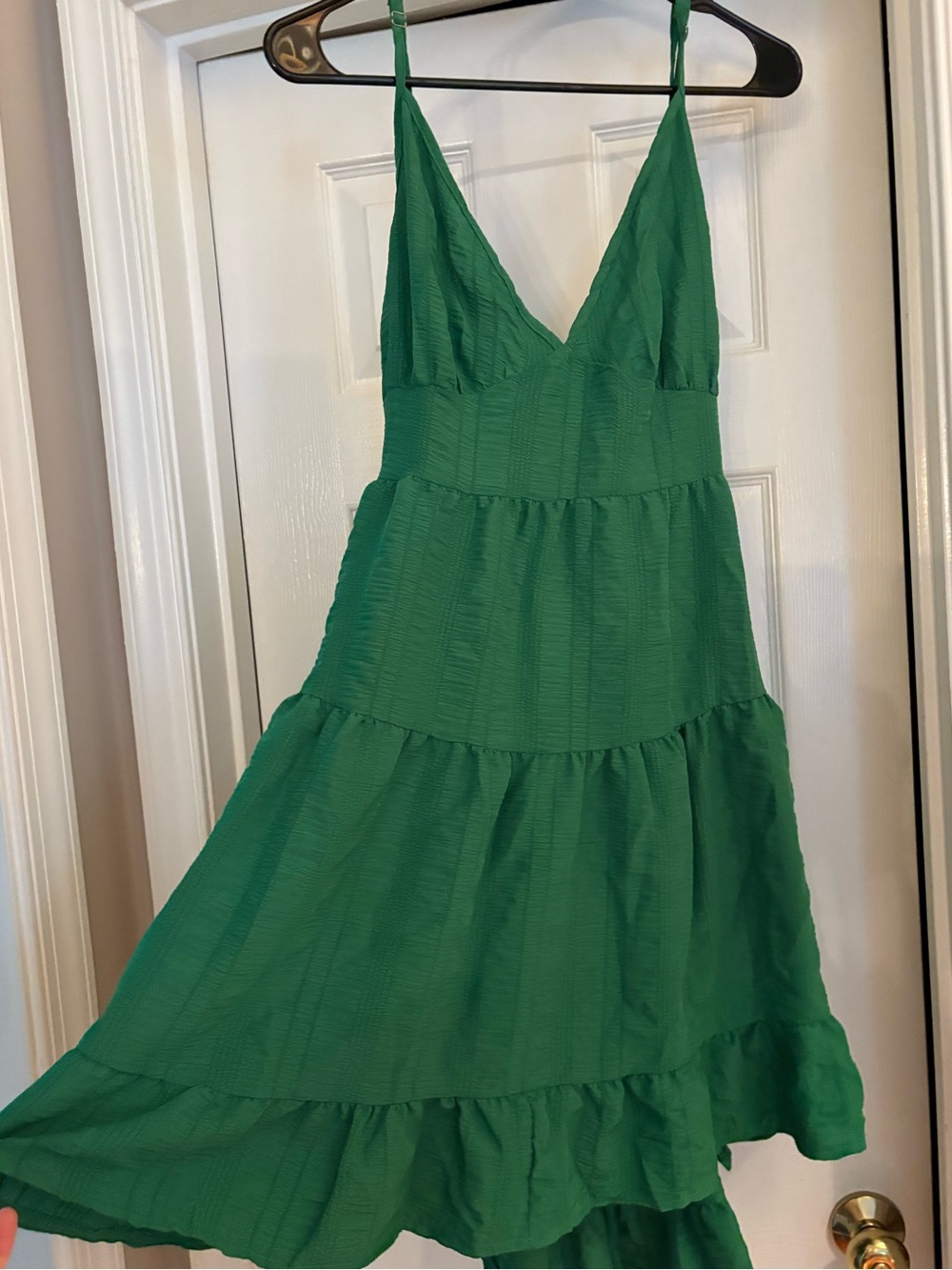 SHEIN Emerald Tiered V-Neck Spaghetti Strap Dress.  Open back /tie back sundress